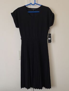 Women's Black Pleated Midi Dress with V-Neck